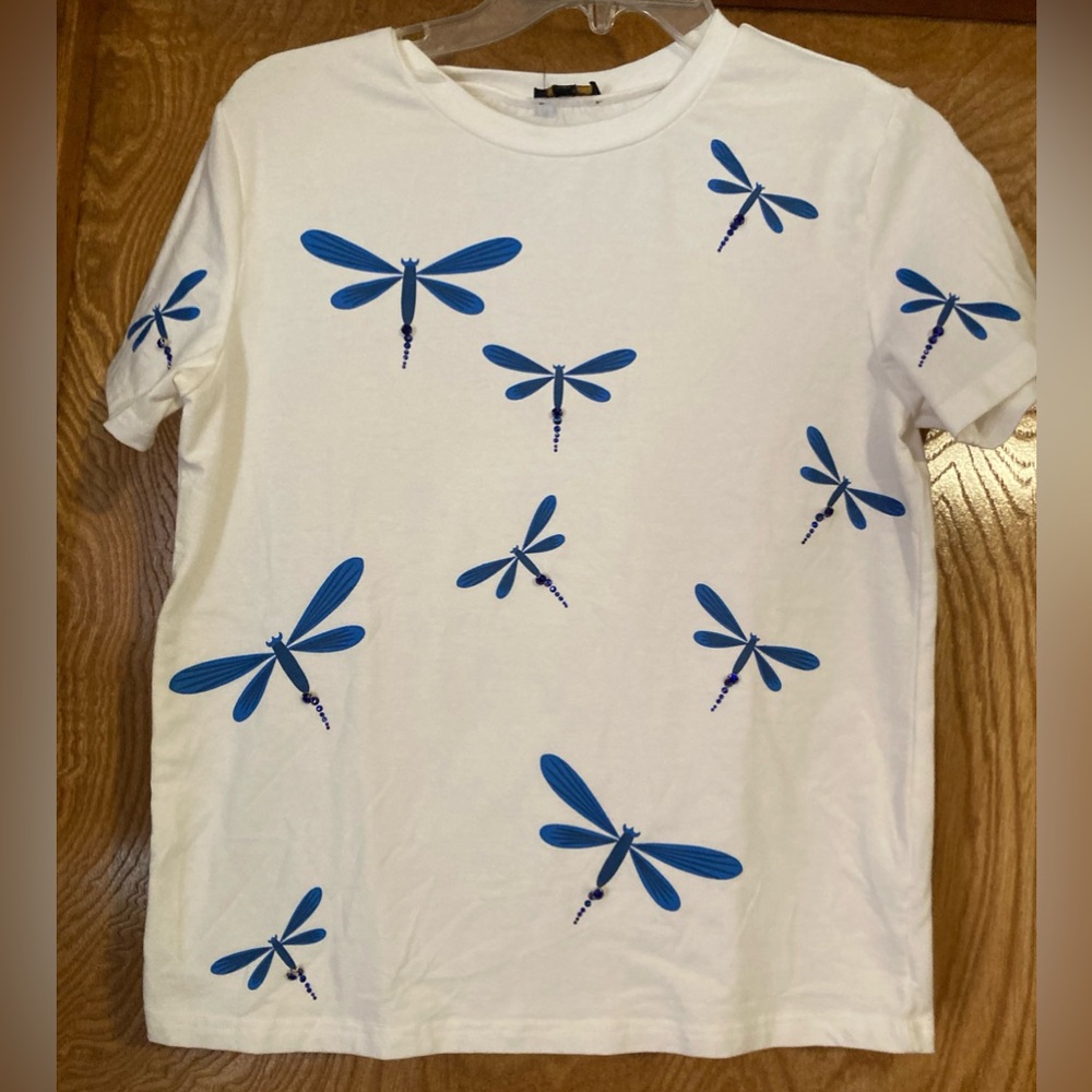 Ontwelth white t shirt with blue jeweled dragonflies